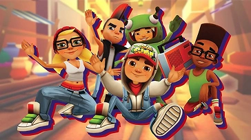 Groep kleurrijke Subway Surfers personages die samen poseren in een vrolijke stadsomgeving.
