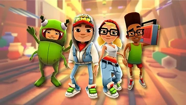 Team van Subway Surfers personages dat samen staat in een levendige straat met graffiti-stijl.