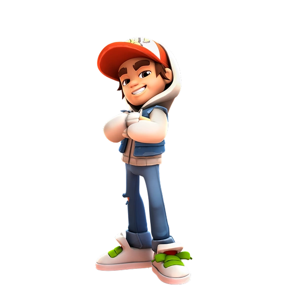 Volledig personage Jake uit Subway Surfers met rode pet en hoodie, glimlachend met gekruiste armen.