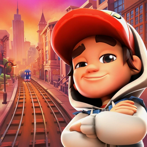 Hoofdpersonage uit Subway Surfers met rode pet voor een spoorlijn in een zonnige stadsomgeving.