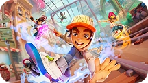 Hoofdpersonage uit Subway Surfers dat op een skateboard door een kleurrijke stad rent samen met andere personages.